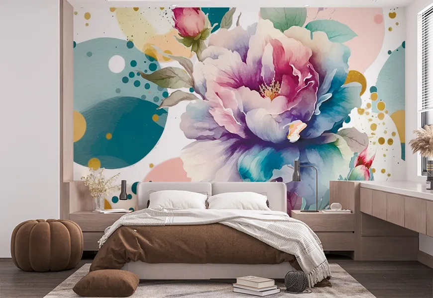 پوستر دیواری سه بعدی اتاق خواب عروس و داماد طرح تک گل آبی